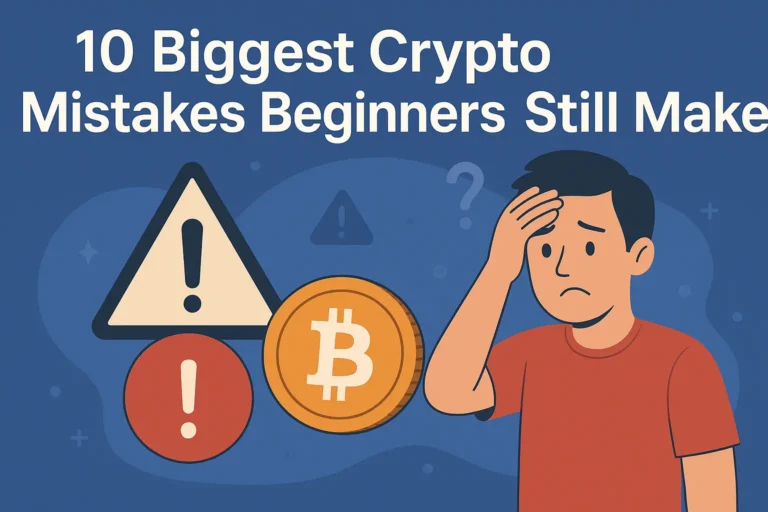 "Worried man with Bitcoin and warning icons illustrating common crypto mistakes beginners still make in 2025."