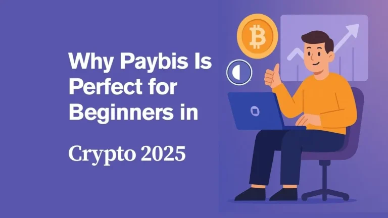 Illustration of a man using a laptop with Bitcoin and rising chart icons, next to bold text saying “Why Paybis Is Perfect for Beginners in Crypto 2025”. Illustration of a man using a laptop with Bitcoin and rising chart icons, next to bold text saying “Why Paybis Is Perfect for Beginners in Crypto 2025”.