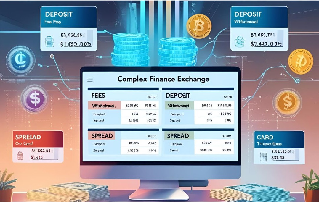 Illustration showing different types of crypto trading fees including maker/taker, withdrawal fees, spread, and hidden costs