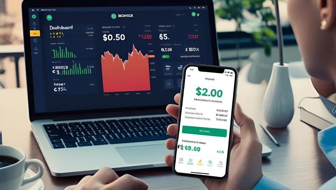 User interacting with a mobile crypto wallet and desktop trading dashboard