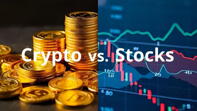 "Illustration comparing cryptocurrency and stocks, highlighting key differences in investment, risk, and strategy"