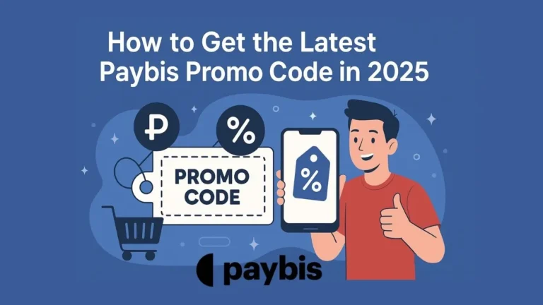 Illustration of a woman searching online for the latest Paybis promo code in 2025, with a magnifying glass and laptop, alongside a promo code icon and the Paybis logo.