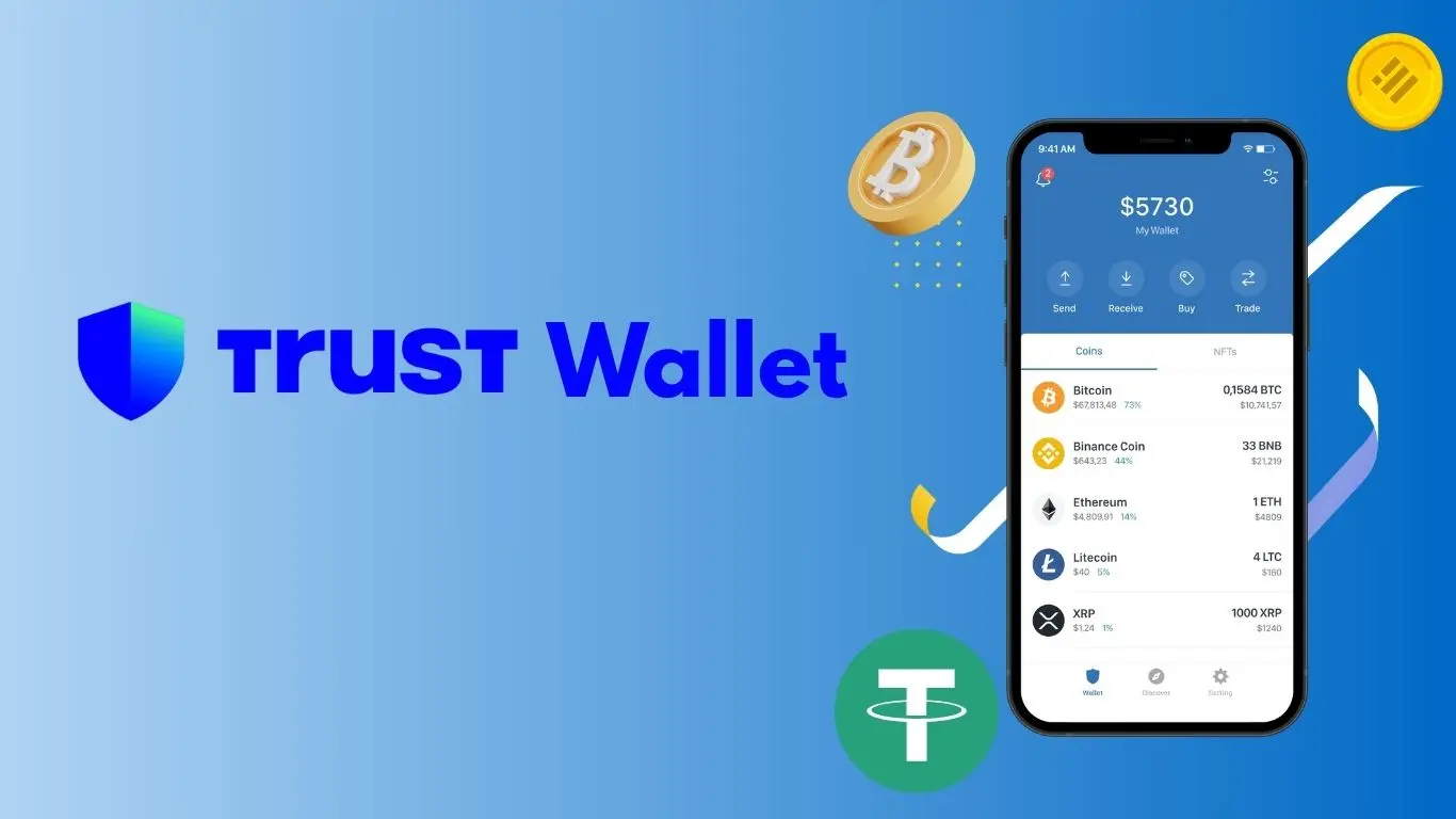 Visual representation of Trust Wallet app with mobile interface and multi-chain crypto support